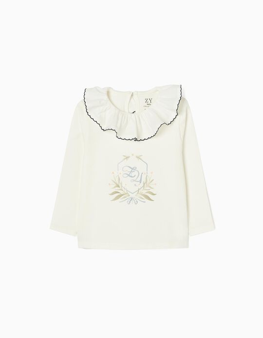 T-shirt à Manches Longues en Coton Bébé Fille 'Fleurs', Blanc 