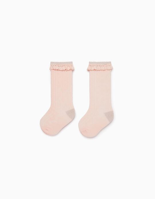 Cotton Knee-High Socks with Lace for Baby Girls, Pink
