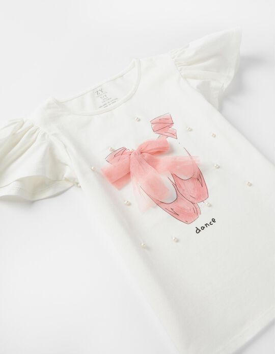 T-Shirt with Ruffle Sleeves and Pearls for Girls 'Dance', White