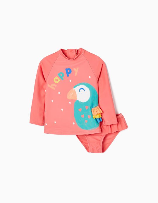 Camiseta + Braguita Protección UV 80 para Bebé Niña 'Happy', Coral