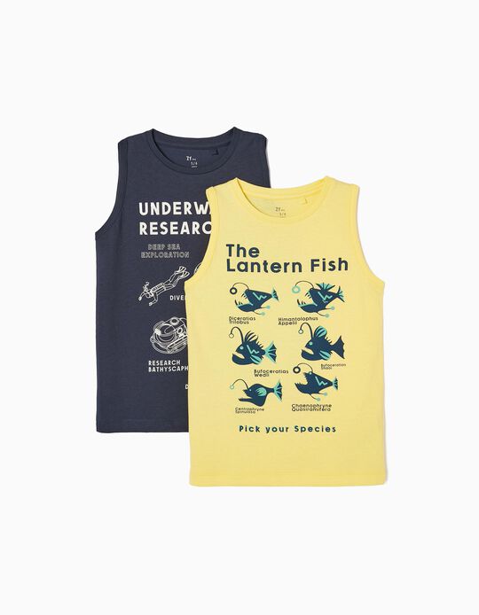 Comprar Online Pack 2 T-shirts de Manga Cava em Algodão para Menino 'Oceano', Amarelo/Azul Escuro
