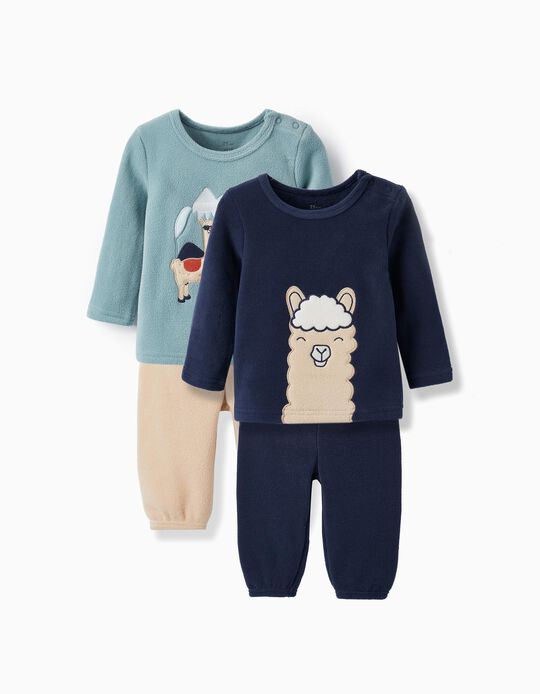 Pack 2 Pijamas Polares para Bebé Menino 'Lamas', Verde/Bege/Azul Escuro