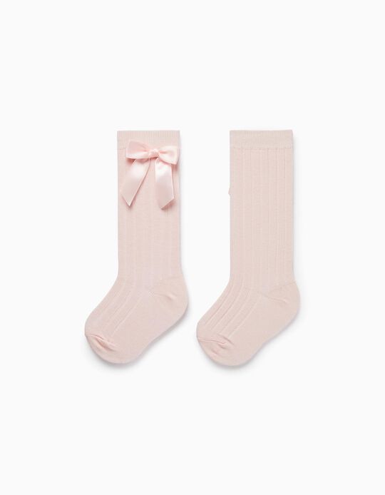 High Ribbed Socks with Bow for Baby Girls, Pink