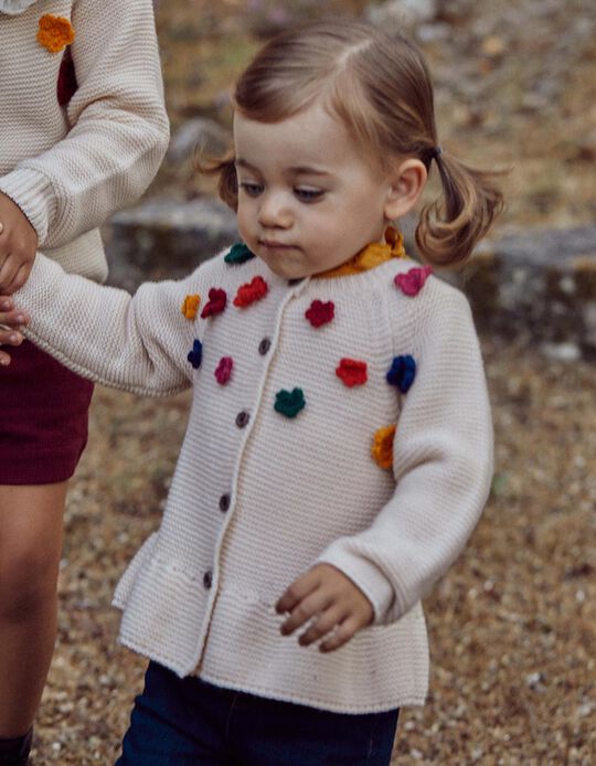 Chunky Knit Floral Cardigan for Baby Girls, Beige