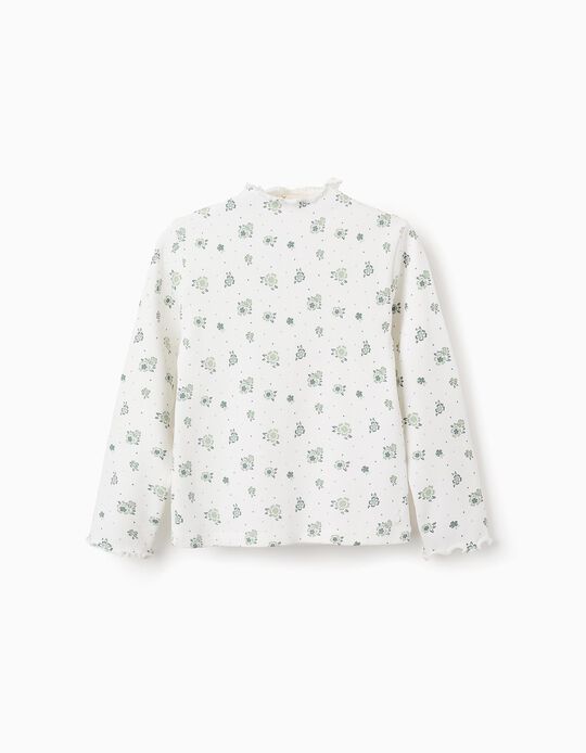 Comprar Online T-shirt Canelada Floral de Manga Comprida para Menina, Branco/Verde