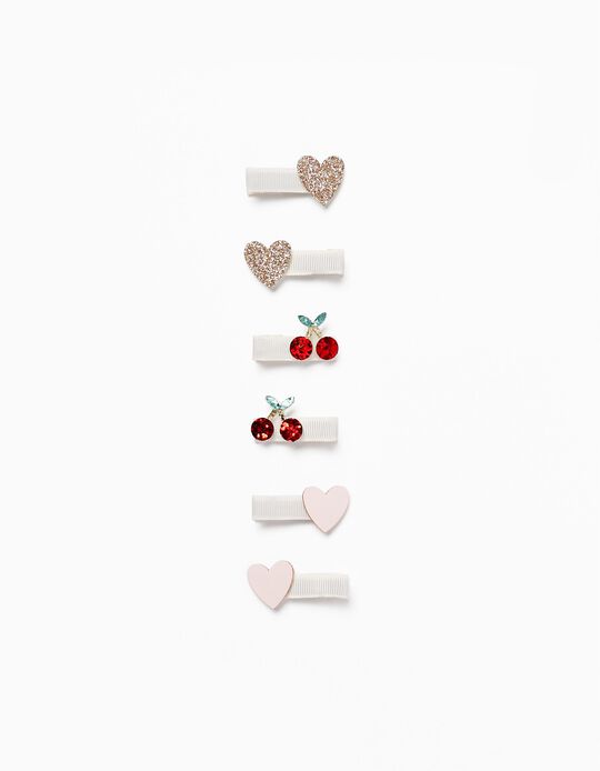 Pack 3 Pairs of Hair Clips for Girls 'Hearts and Cherries', Pink
