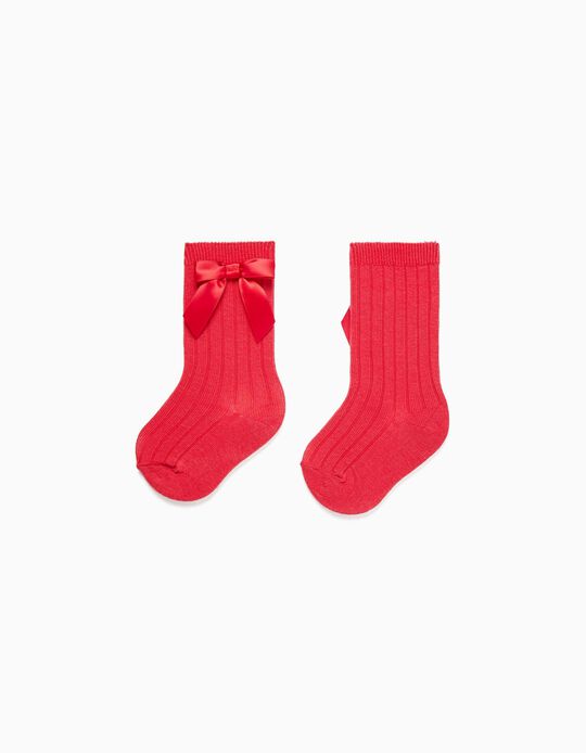 Knee-High Socks with Satin Bow for Baby Girls, Red