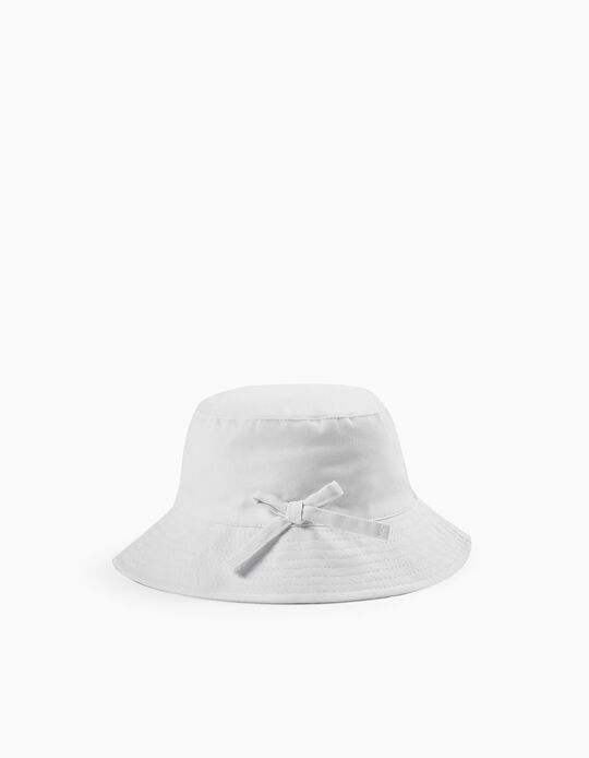 Sombrero de Sarga con Lazo Decorativo para Niña, Blanco