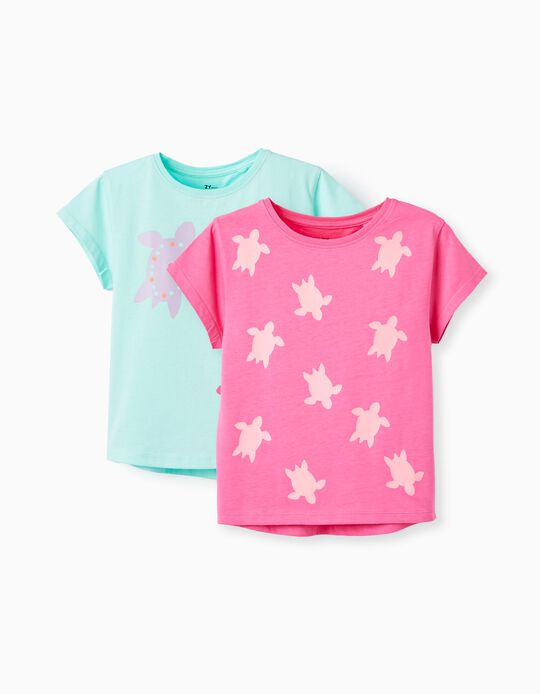 2 Camisetas de Algodón para Niña 'Tartaruga', Rosa/Verde Agua