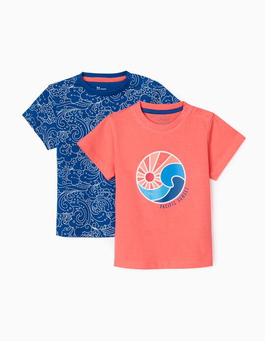 2 T-Shirts for Baby Boys 'Sunset', Blue/Coral 