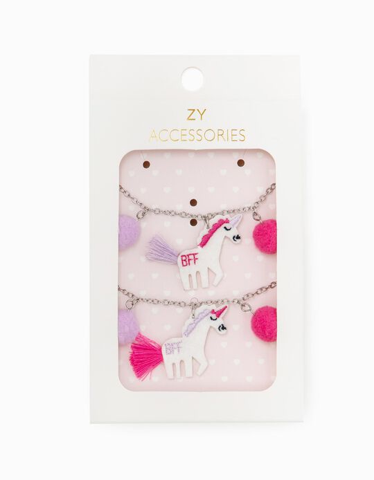 2 Bracelets for Girls 'Unicorns BFF', Silver/Pink