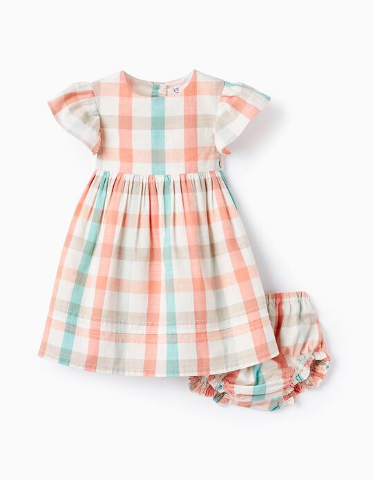 Checked Dress + Bloomers for Baby Girls 'B&S', Coral/Green Water