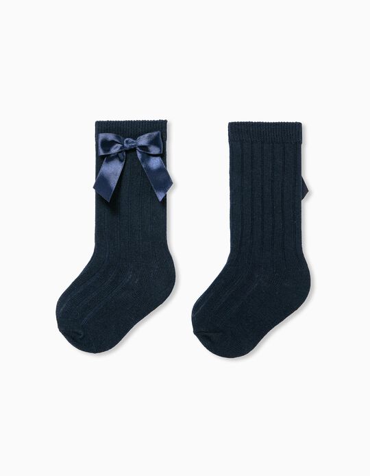Knee-High Socks for Baby Girls with Bow, Dark Blue