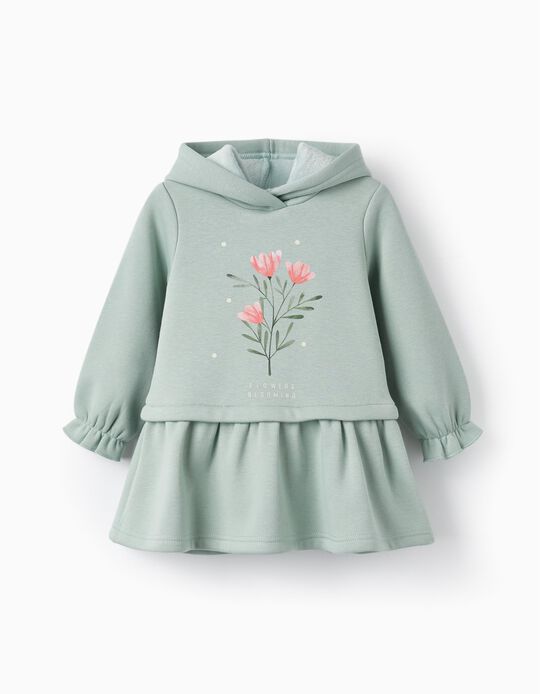 Long Sleeve Hooded Dress for Baby Girls 'Flowers', Light Green
