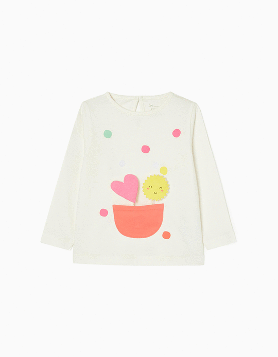 T-shirt à Manches Longues en Coton Bébé Fille 'Soleil et Cœur', Blanc