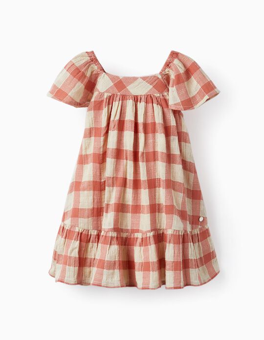  Plaid Dress in Cotton with ruffles for Baby Girls, Beige/Salmon