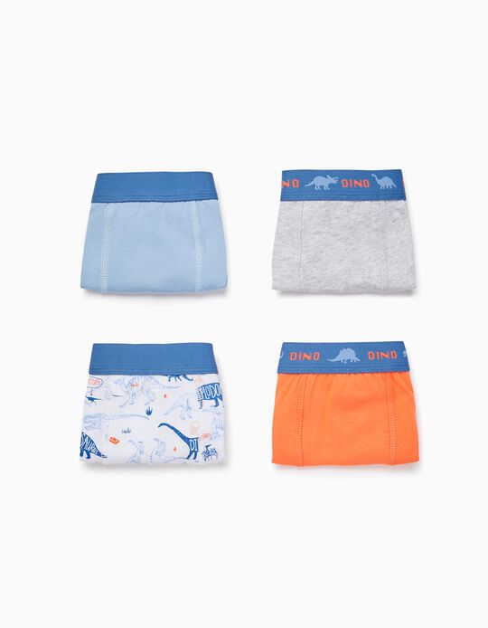 4-Pack Cotton Boxer Shorts for Boys 'Dinosaurs', Blue/White/Orange
