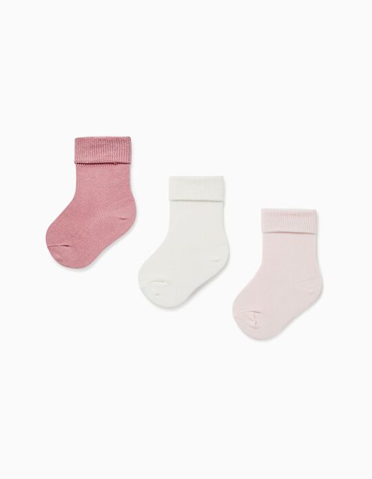 Pack 3 Pairs of Cuffed Socks for Baby Girls, Pink/White 