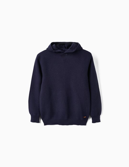 Hooded Cardigan in Cotton Knit for Boys, Dark Blue