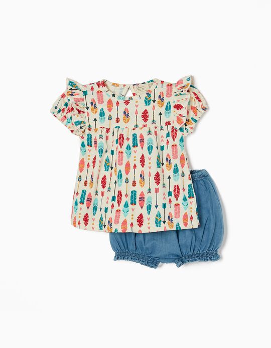 T-Shirt + Shorts for Baby Girls 'Feathers', Blue/Multicoloured