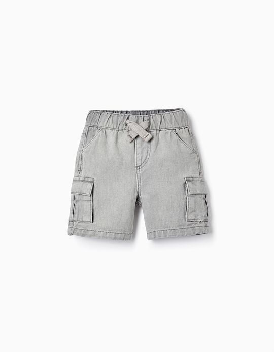 Cargo Shorts in Cotton Denim for Baby Boys, Light Grey