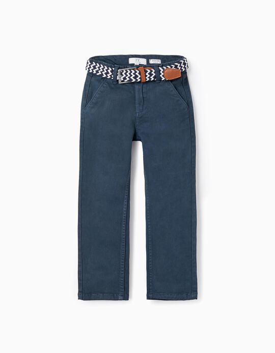 Pantalones de Sarga con Cinturón para Niño 'Slim Fit', Azul Oscuro