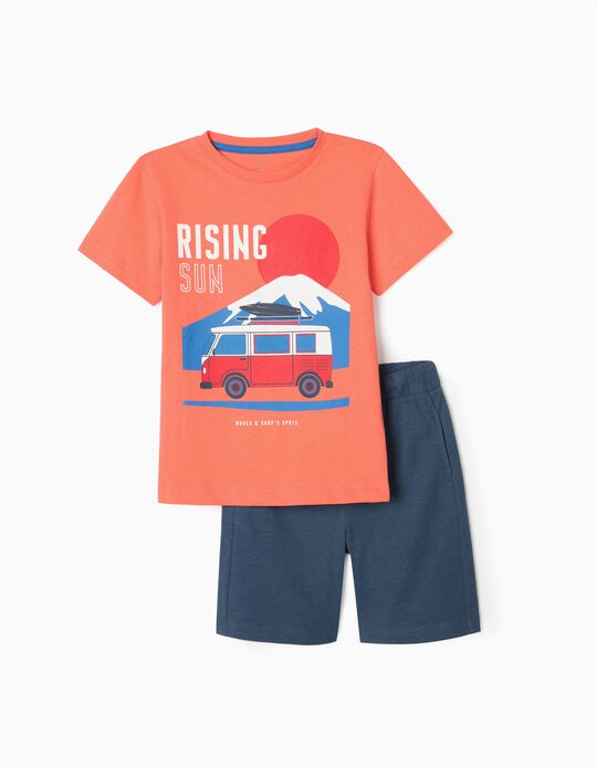 T-Shirt + Short Garçon 'Rising Sun', Corail/Bleu