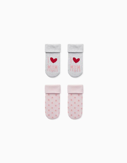 2 Pairs of Socks for Baby Girls 'I love Mum', Pink/Grey