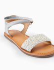 Buy Online Leather Sandals with Sequins for Girls 'B&S', White/Silver