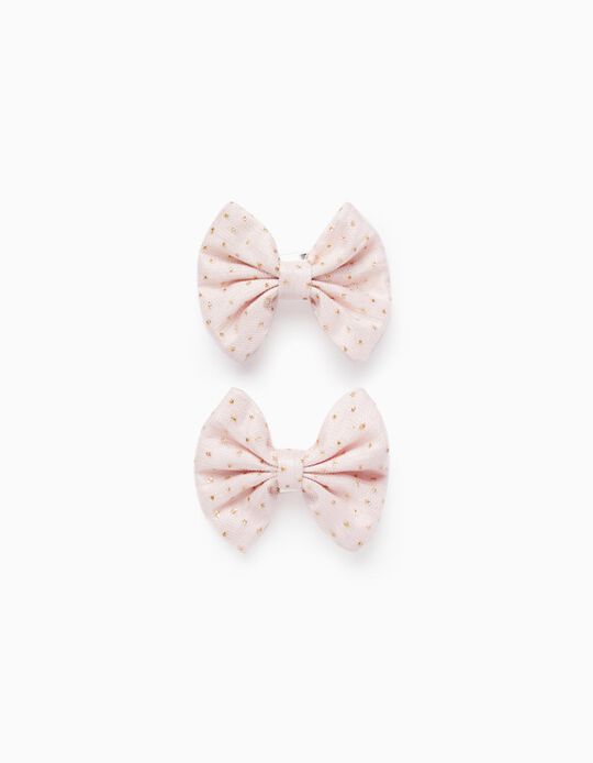 Pack of 2 Hair Clips with Bow for Baby and Girl, Light Pink/Gold