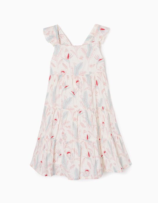 Strappy Dress with Floral Motif for Girls, Beige