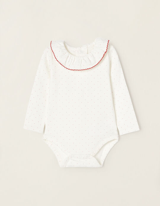 Cotton Bodysuit with Polka-Dots for Newborn Baby Girls, White/Red