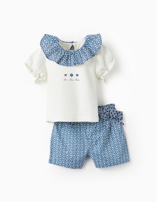 Camiseta + Pantalones Cortos con Lazos para Bebé Niña, Blanco/Azul