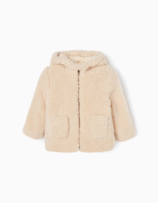 Sherpa Hooded Coat with Polar Lining for Baby Girls, Beige