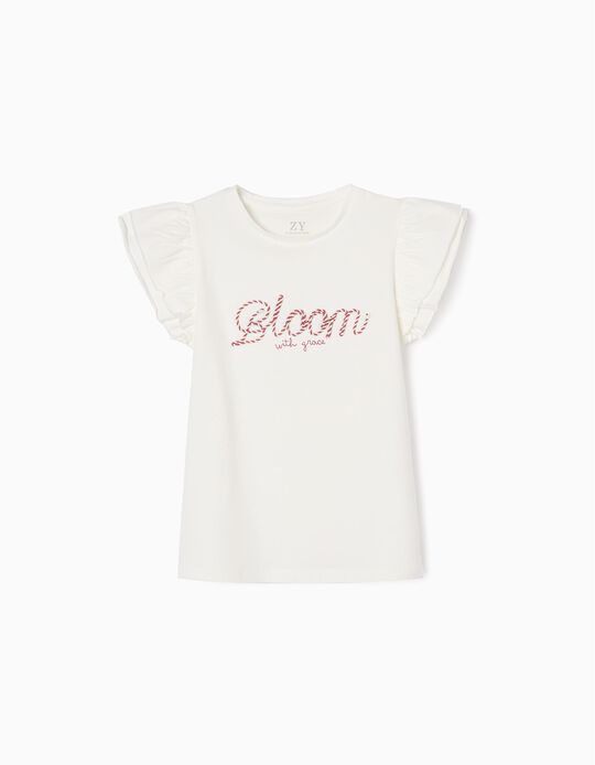 T-shirt de Manga Dupla em Algodão para Menina 'Bloom', Branco