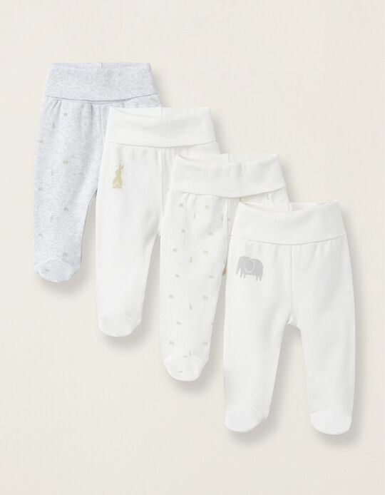 Pack 4 Calças com Pés e Cintura Alta para Recém-Nascido e Bebé, Branco/Cinza