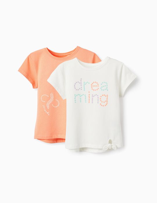 2 Camisetas de Algodón para Niña 'Dreaming', Blanco/Coral