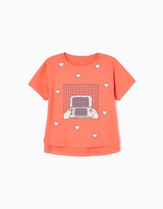 Camiseta de Algodón para Niña 'Corazones', Coral