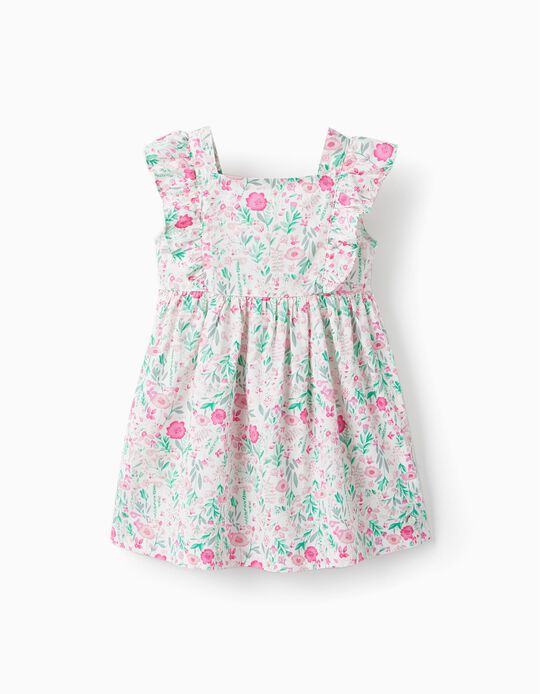 Floral Cotton Dress for Baby Girls, White/Pink
