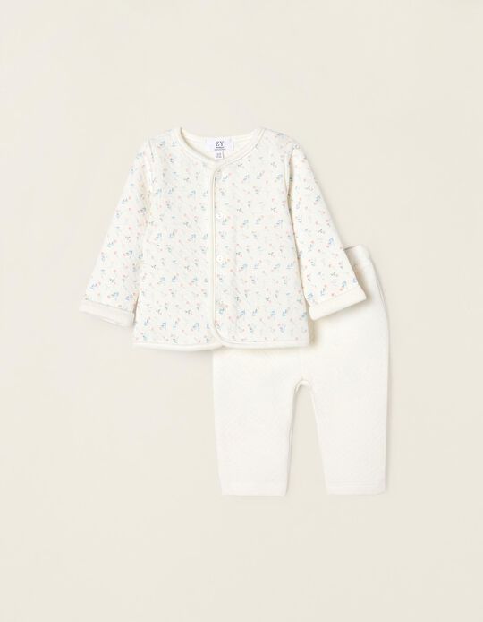 Jacket + Trousers Set for Newborn Baby Girls 'Flowers', White