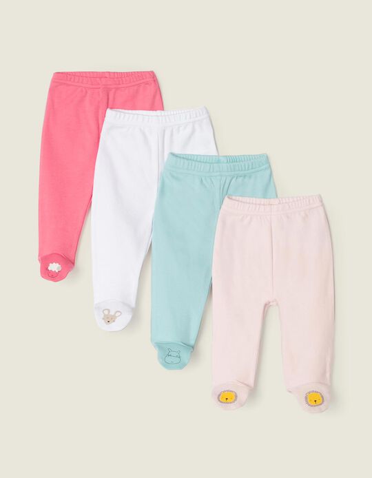4 Pantalones con Pies para Bebé Niña 'Animals', Multicolor