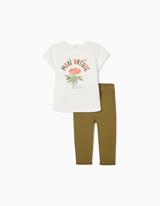 Cotton T-shirt + Leggings Set for Baby Girls, White/Green