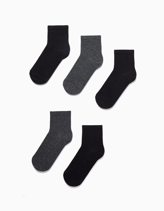 Pack of 5 Pairs of Cotton Socks for Boys, Black/Dark Gray