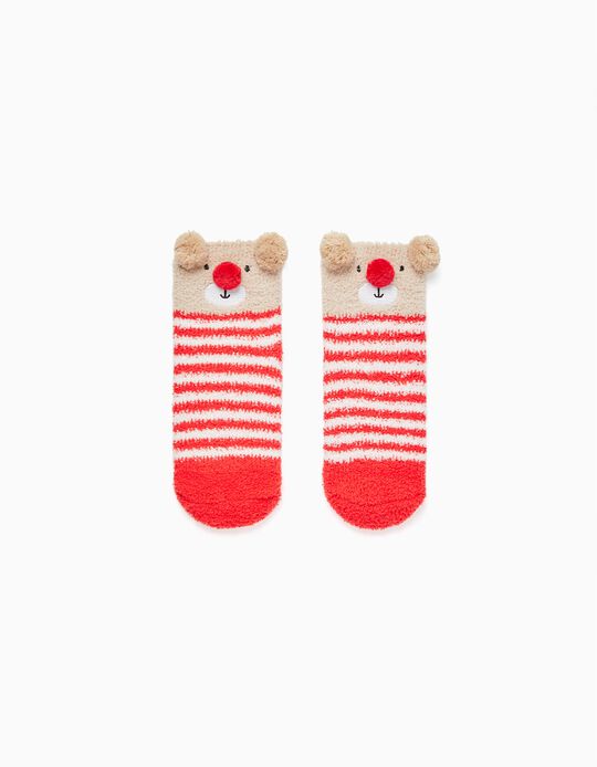 Calcetines de Navidad de Felpa para Niño 'Osito', Rojo/Beige