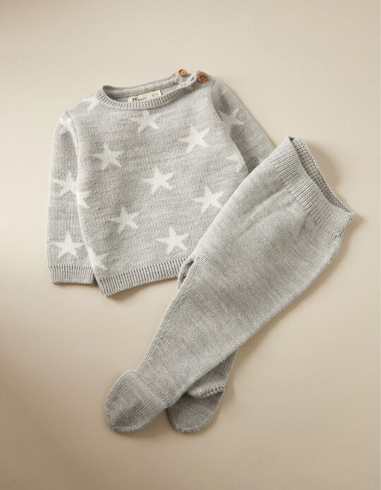 Knit Set for Newborn Babies 'Stars', Light Grey