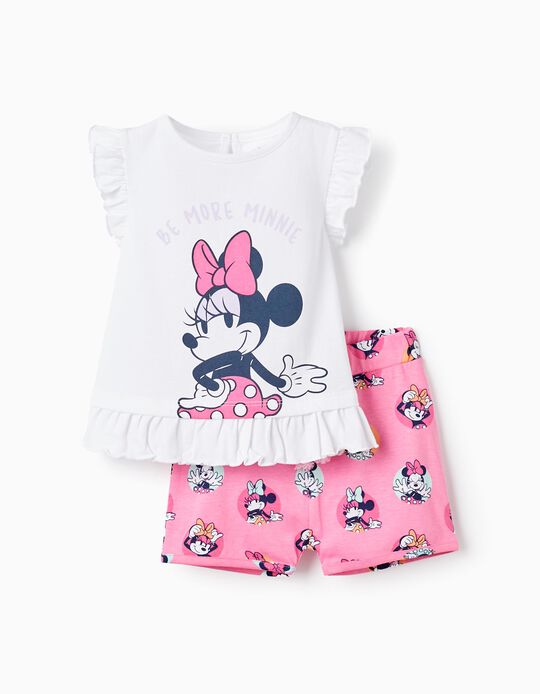 Comprar Online Camiseta con Volantes + Pantalones cortos para Bebé Niña 'Minnie Mouse', Blanco/Rosa