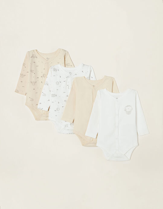 4 Long Sleeve Cotton Bodysuits for Babies 'Hedgehog', White/Beige
