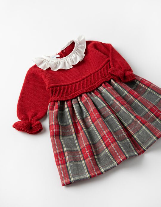 Dual Fabric Dress for Newborn Baby Girls 'B&S', Red/Grey