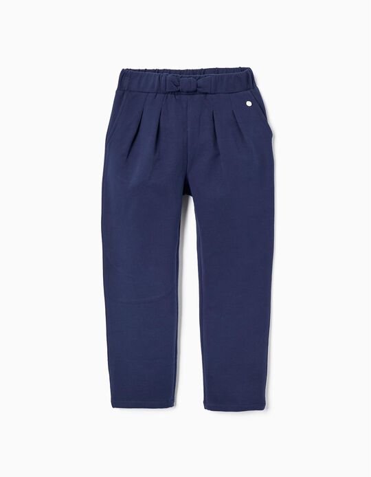 Cotton Trousers with Bow for Girls, Dark Blue