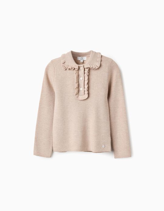 Buy Online Ribbed Knit Jumper with Ruffles for Girls, Beige